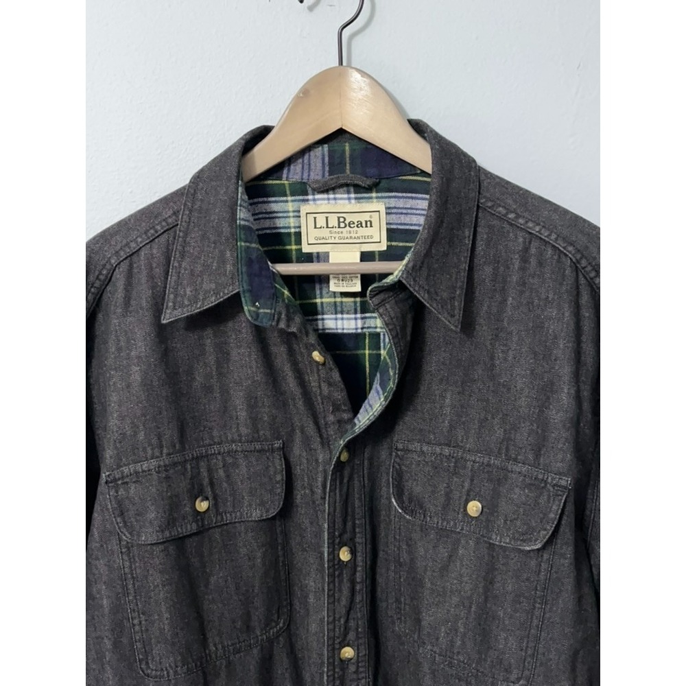 Vintage LL Bean Flannel Lined Work Shirt Men Large Charcoal Gray Pockets